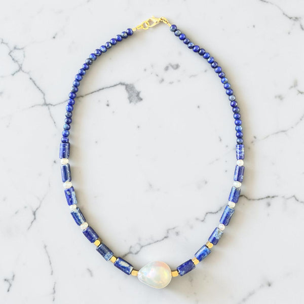 Featuring a natural baroque pearl at its centre, paired with rich lapis lazuli gemstones and delicate freshwater pearls, each piece is carefully handmade to celebrate the beauty of natural materials.