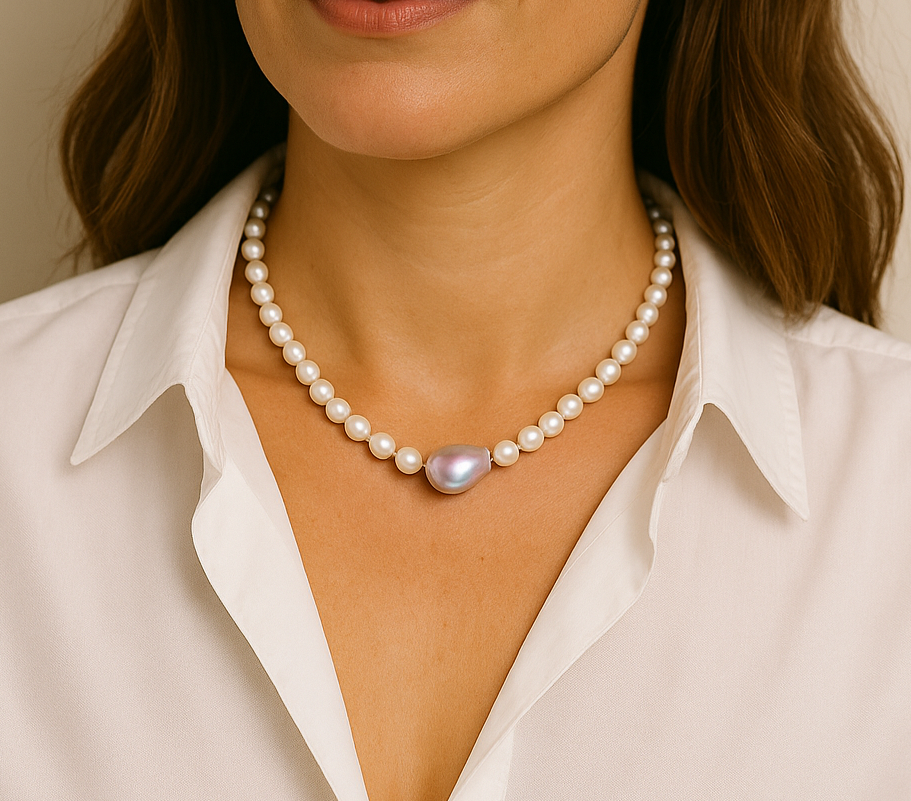 Woman wearing a baroque pearl necklace 